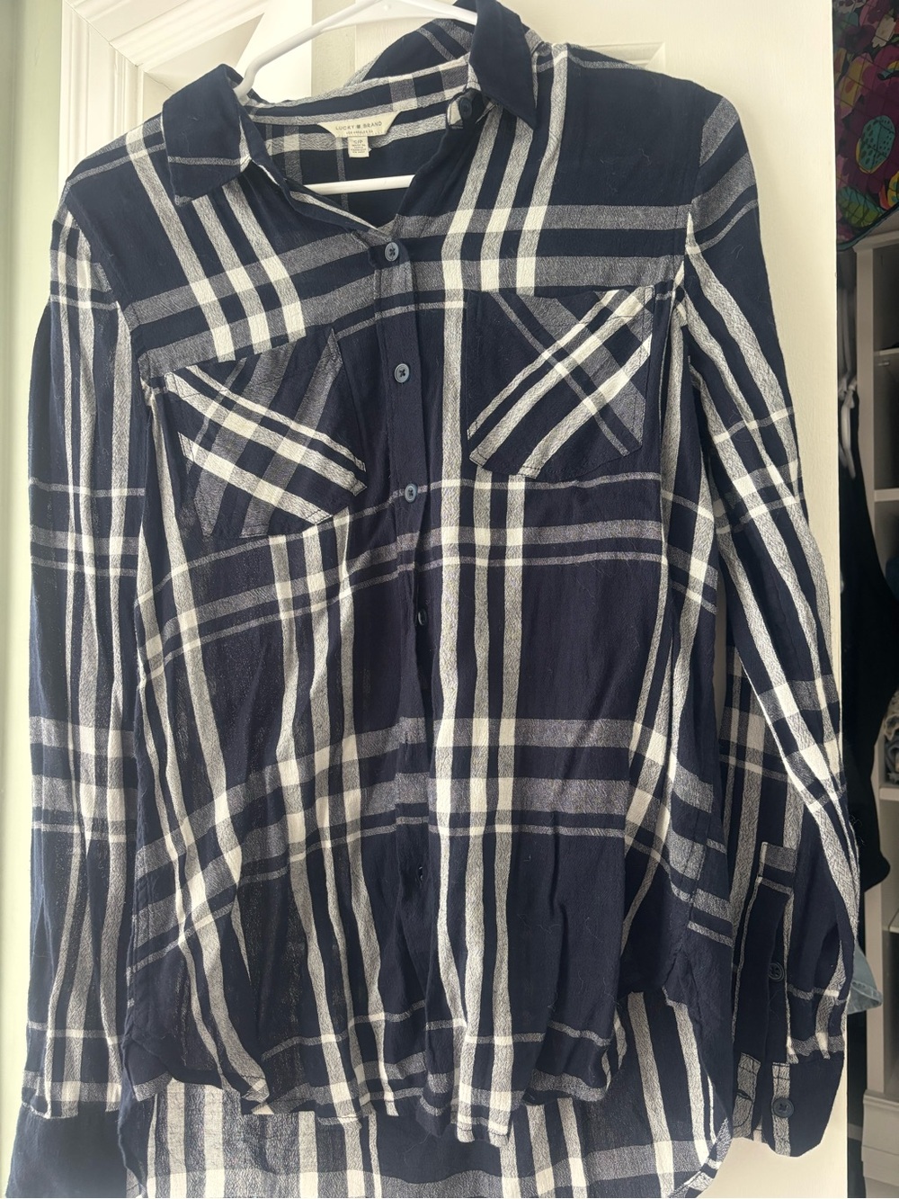Lucky Brand Navy and White Plaid Button-Up Shirt